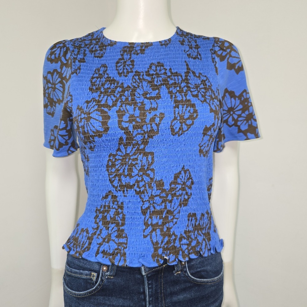 ME+EM Stencil Bloom Print Smocked Top Size 4 Blue Ruffle Provence Womens NWT - Picture 2 of 11